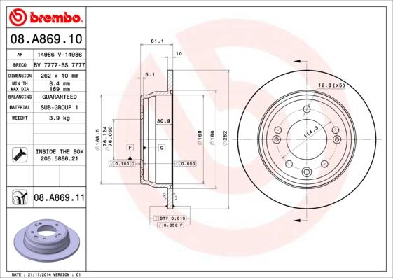 Brembo 08.A869.11 - Гальмівний диск avtolavka.club