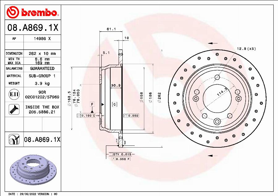 Brembo 08.A869.1X - Гальмівний диск avtolavka.club