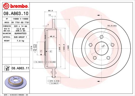 Brembo 08.A863.10 - Гальмівний диск avtolavka.club