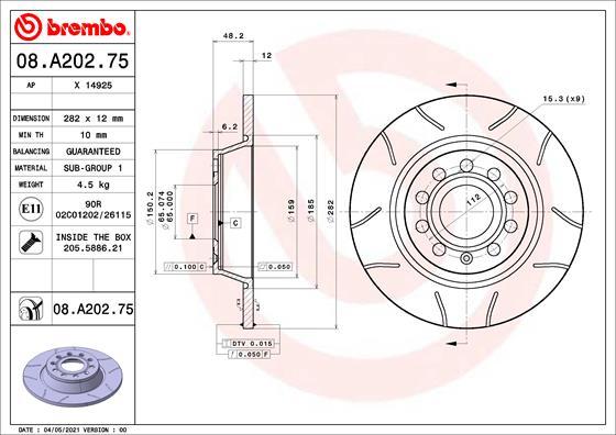 Brembo 08.A202.75 - Гальмівний диск avtolavka.club