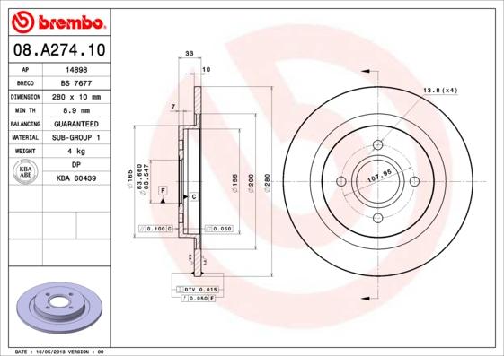 Brembo 08.A274.10 - Гальмівний диск avtolavka.club