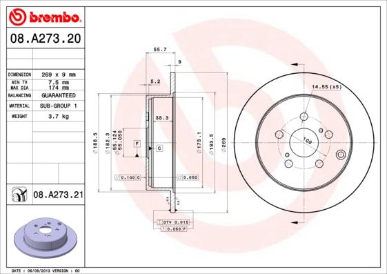 Brembo 08.A273.20 - Гальмівний диск avtolavka.club