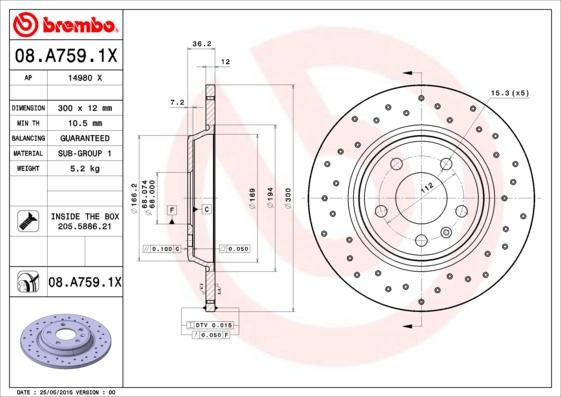 Brembo 08.A759.1X - Гальмівний диск avtolavka.club