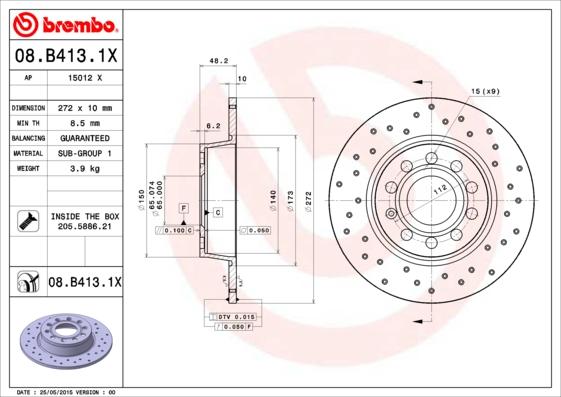 Brembo 08.B413.1X - Гальмівний диск avtolavka.club