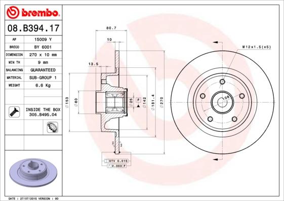 Brembo 08.B394.17 - Гальмівний диск avtolavka.club