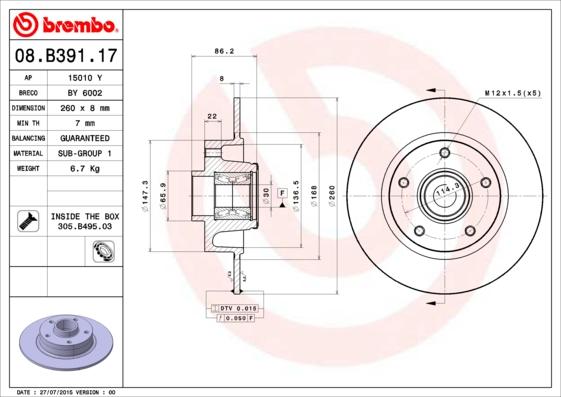 Brembo 08.B391.17 - Гальмівний диск avtolavka.club