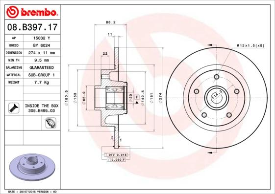 Brembo 08.B397.17 - Гальмівний диск avtolavka.club