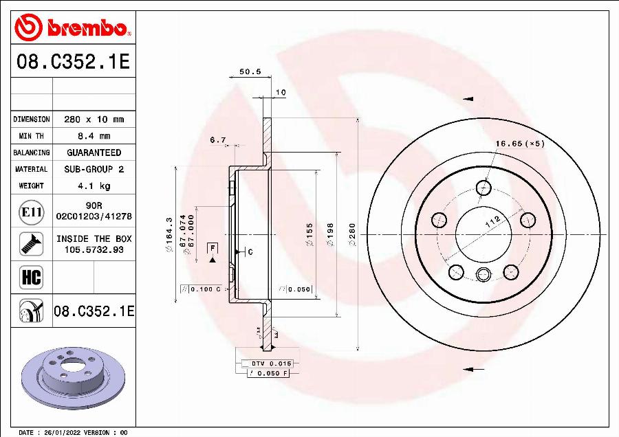 Brembo 08.C352.1E - Гальмівний диск avtolavka.club