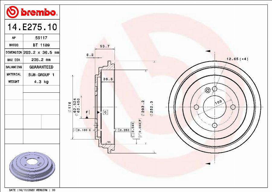 Brembo 14.E275.10 - Гальмівний барабан avtolavka.club