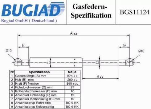 Bugiad BGS11124 - Газова пружина, кришка багажник avtolavka.club
