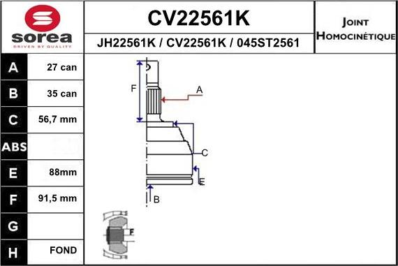 EAI CV22561K - Шарнірний комплект, ШРУС, приводний вал avtolavka.club
