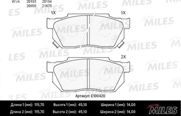 Miles E100420 - Гальмівні колодки, дискові гальма avtolavka.club