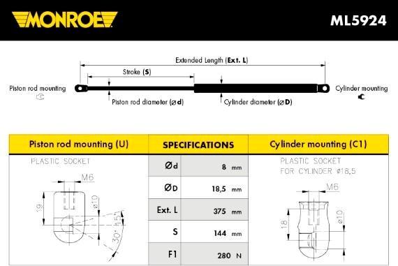 Monroe ML5924 - Газова пружина, капот avtolavka.club