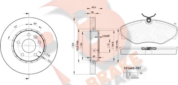 R Brake 3R14496845 - Комплект гальм, дисковий гальмівний механізм avtolavka.club