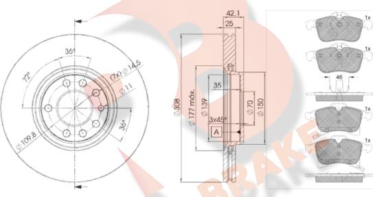 R Brake 3R15929061 - Комплект гальм, дисковий гальмівний механізм avtolavka.club