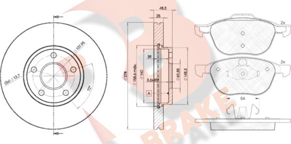 R Brake 3R16173963 - Комплект гальм, дисковий гальмівний механізм avtolavka.club