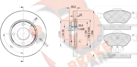 R Brake 3R13435344 - Комплект гальм, дисковий гальмівний механізм avtolavka.club
