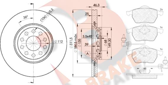 R Brake 3R13624065 - Комплект гальм, дисковий гальмівний механізм avtolavka.club