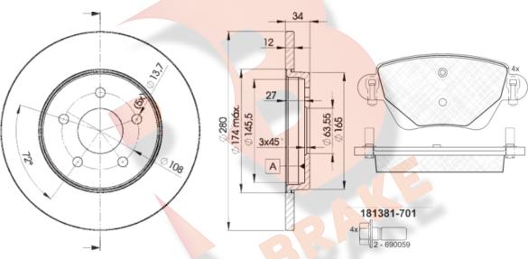 R Brake 3R13816768 - Комплект гальм, дисковий гальмівний механізм avtolavka.club