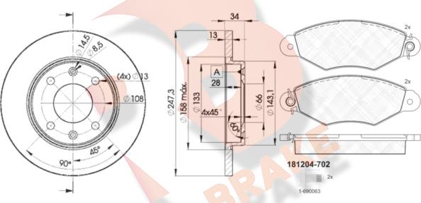 R Brake 3R12044298 - Комплект гальм, дисковий гальмівний механізм avtolavka.club