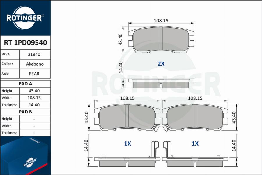 Rotinger RT 1PD09540 - Гальмівні колодки, дискові гальма avtolavka.club