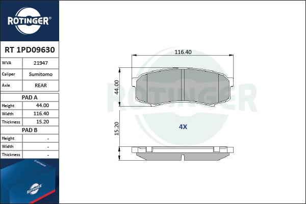 Rotinger RT 1PD09630 - Гальмівні колодки, дискові гальма avtolavka.club