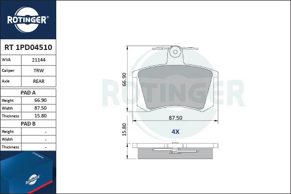 Rotinger RT 1PD04510 - Гальмівні колодки, дискові гальма avtolavka.club