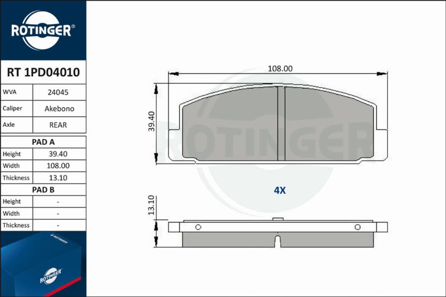 Rotinger RT 1PD04010 - Гальмівні колодки, дискові гальма avtolavka.club