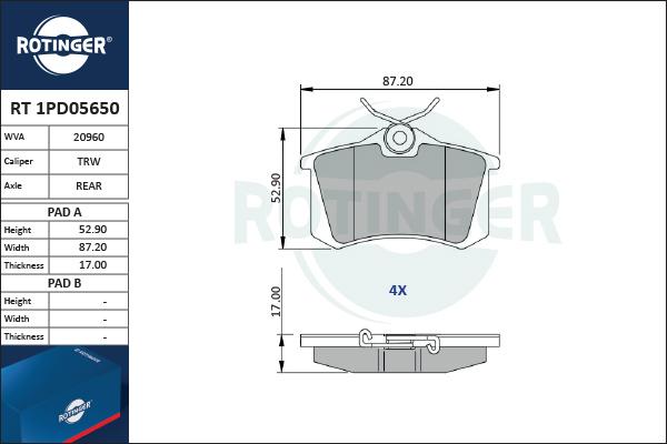 Rotinger RT 1PD05650 - Гальмівні колодки, дискові гальма avtolavka.club