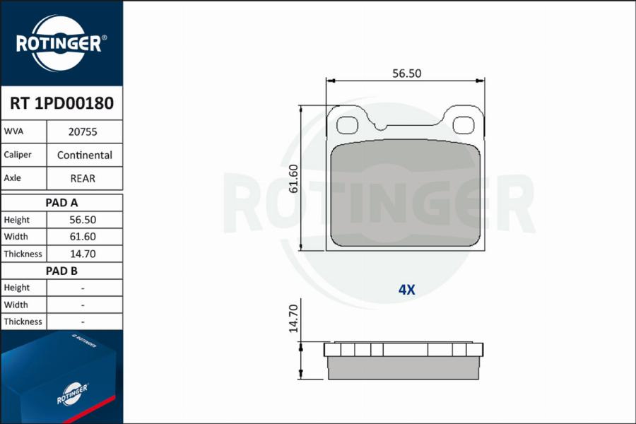 Rotinger RT 1PD00180 - Гальмівні колодки, дискові гальма avtolavka.club