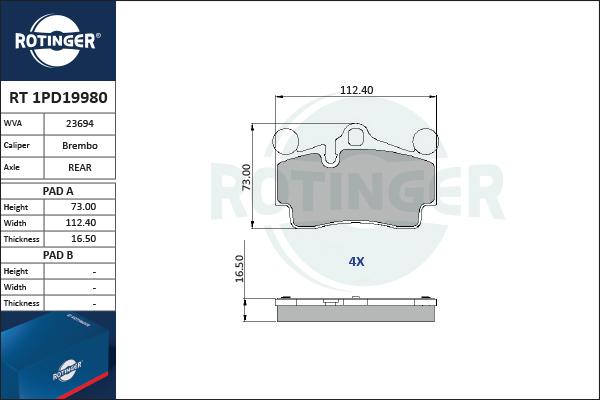 Rotinger RT 1PD19980 - Гальмівні колодки, дискові гальма avtolavka.club