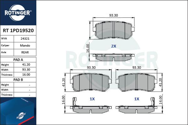 Rotinger RT 1PD19520 - Гальмівні колодки, дискові гальма avtolavka.club