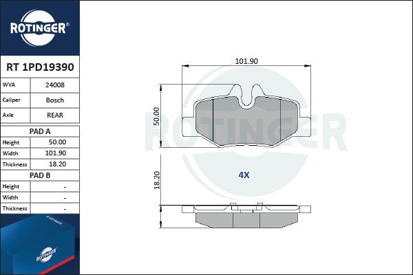 Rotinger RT 1PD19390 - Гальмівні колодки, дискові гальма avtolavka.club