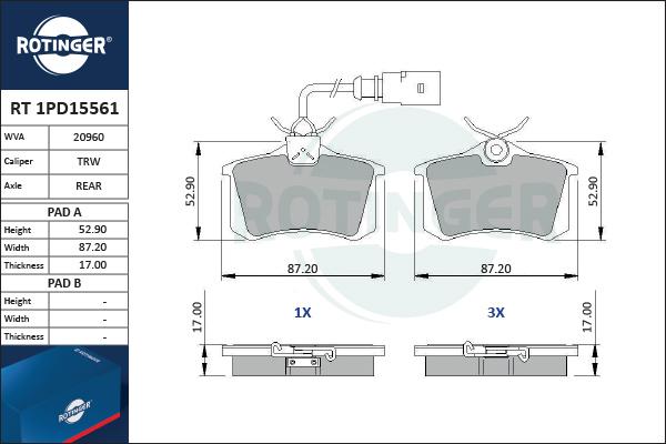 Rotinger RT 1PD15561 - Гальмівні колодки, дискові гальма avtolavka.club