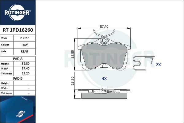 Rotinger RT 1PD16260 - Гальмівні колодки, дискові гальма avtolavka.club