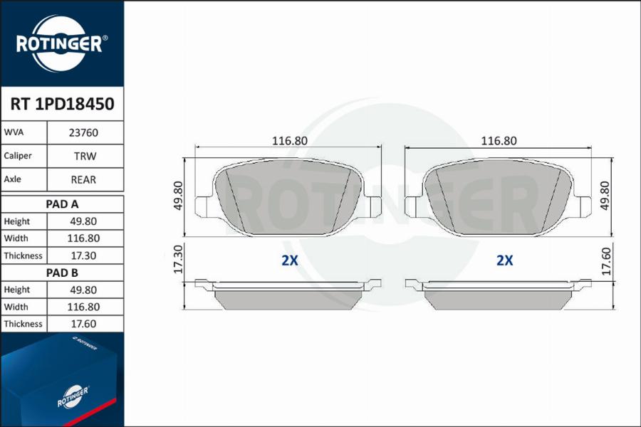 Rotinger RT 1PD18450 - Гальмівні колодки, дискові гальма avtolavka.club