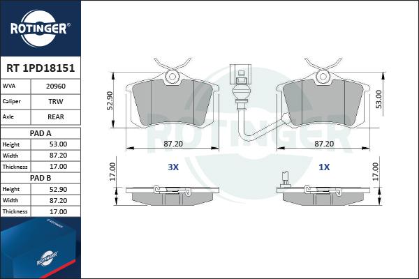 Rotinger RT 1PD18151 - Гальмівні колодки, дискові гальма avtolavka.club