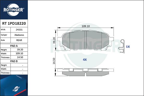 Rotinger RT 1PD18220 - Гальмівні колодки, дискові гальма avtolavka.club