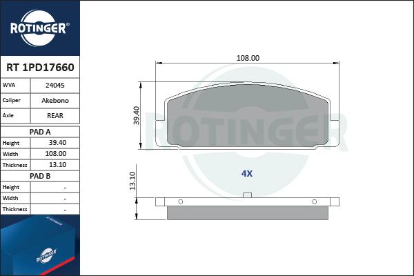 Rotinger RT 1PD17660 - Гальмівні колодки, дискові гальма avtolavka.club