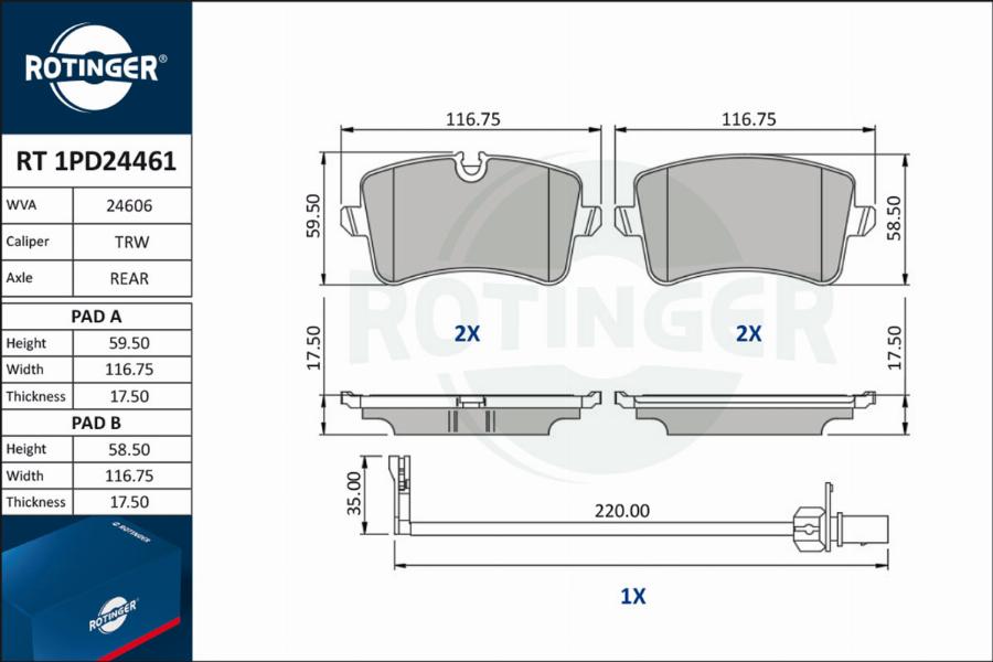 Rotinger RT 1PD24461 - Гальмівні колодки, дискові гальма avtolavka.club