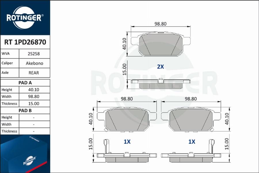 Rotinger RT 1PD26870 - Гальмівні колодки, дискові гальма avtolavka.club