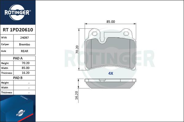 Rotinger RT 1PD20610 - Гальмівні колодки, дискові гальма avtolavka.club