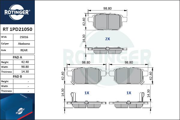 Rotinger RT 1PD21050 - Гальмівні колодки, дискові гальма avtolavka.club