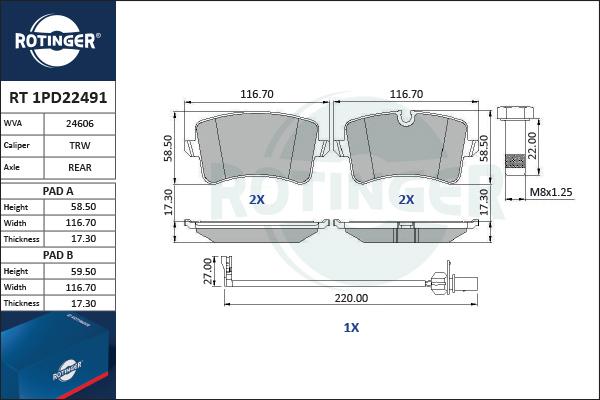 Rotinger RT 1PD22491 - Гальмівні колодки, дискові гальма avtolavka.club