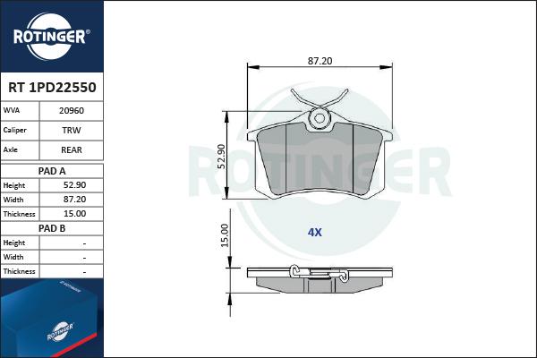 Rotinger RT 1PD22550 - Гальмівні колодки, дискові гальма avtolavka.club