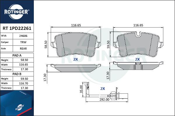 Rotinger RT 1PD22261 - Гальмівні колодки, дискові гальма avtolavka.club