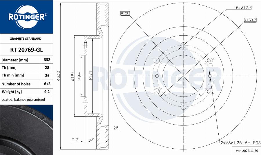 Rotinger RT 20769-GL - Гальмівний диск avtolavka.club