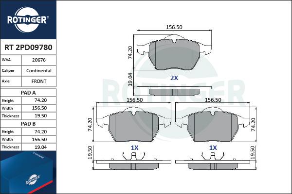 Rotinger RT 2PD09780 - Гальмівні колодки, дискові гальма avtolavka.club