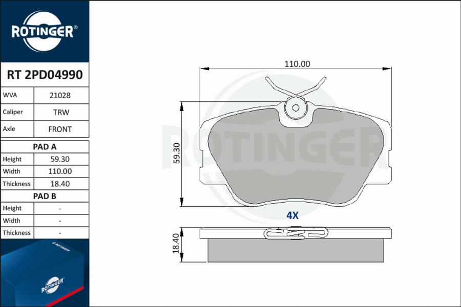 Rotinger RT 2PD04990 - Гальмівні колодки, дискові гальма avtolavka.club