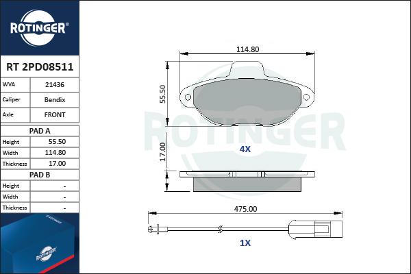 Rotinger RT 2PD08511 - Гальмівні колодки, дискові гальма avtolavka.club